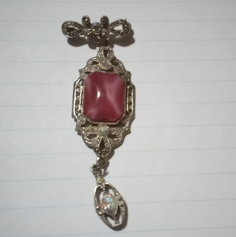 Elegant Vintage Silver and Pink Rhinestone Drop Pendant (1928)